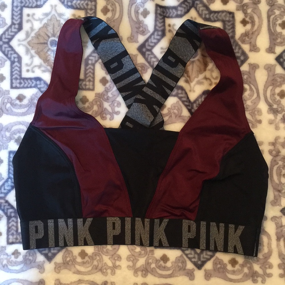 PINK Cross Back Sports Bra in Black & Burgundy